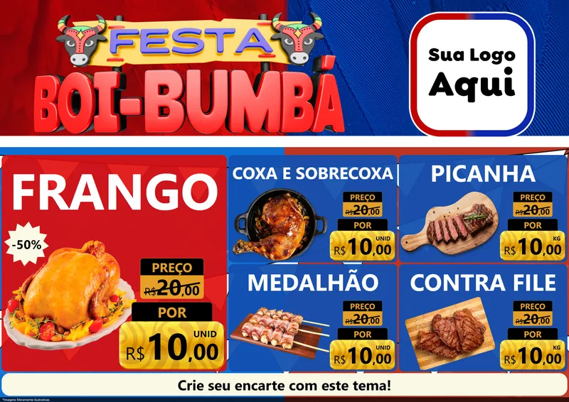 Modelo de Encarte para Encarte A4 Horizontal com o tema Festa Boi Bumbá para Assados
