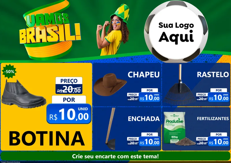 Modelo de Encarte para Encarte A4 Horizontal com o tema Vamos Brasil - Copa para Agropecuária