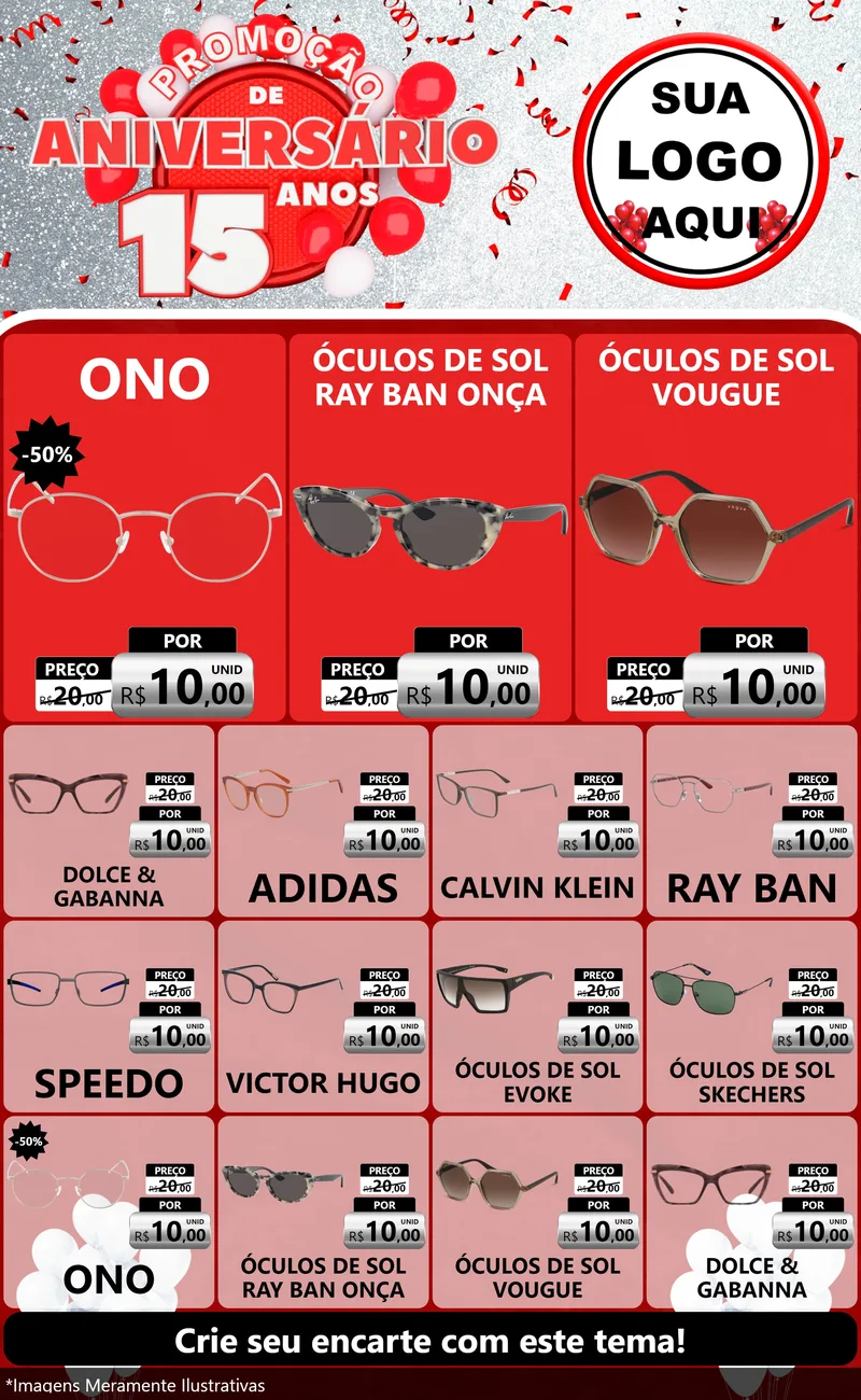 Modelo de Encarte para Encarte Grande com o tema Promoção de Aniversário - 15 Anos para Óticas