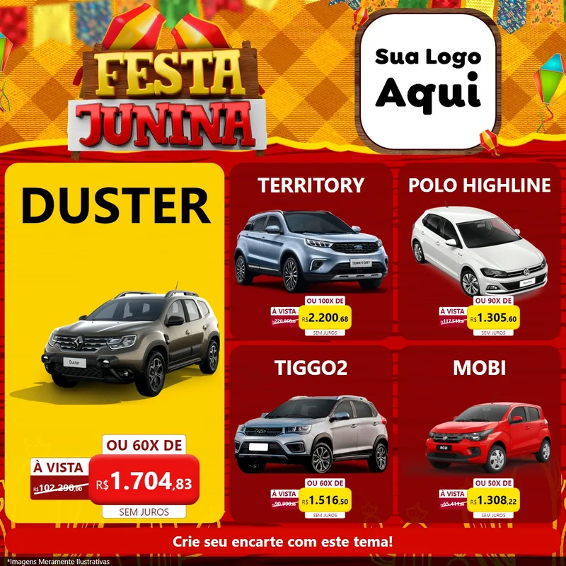 Modelo de Rede Social para Feed Facebook com o tema Festa Junina para Concessionaria de Carros