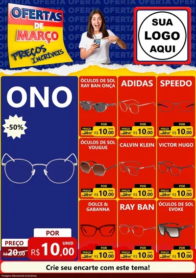 Modelo de Encarte para Encarte A4 Vertical com o tema Ofertas de Março - Preços Incríveis para Óticas