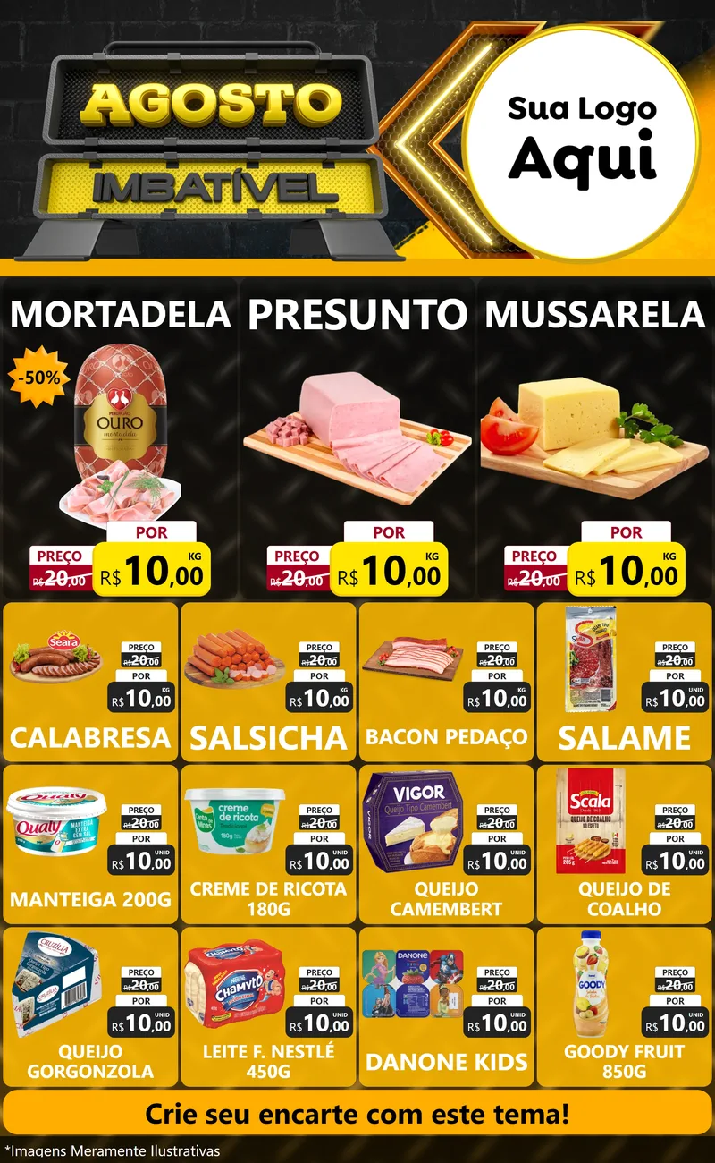 Modelo de Encarte para Encarte Grande com o tema Agosto Imbatível para Frios e Laticínios