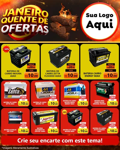 Modelo de Rede Social para Feed Instagram com o tema Janeiro Quente de Ofertas para Baterias Elétricas