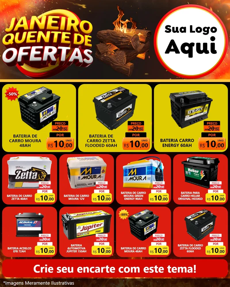 Modelo de Rede Social para Feed Instagram com o tema Janeiro Quente de Ofertas para Baterias Elétricas
