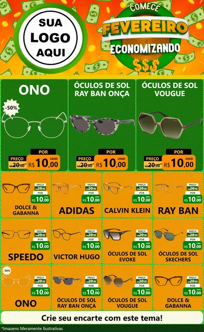 Modelo de Encarte para Encarte Grande com o tema Comece Fevereiro Economizando para Óticas