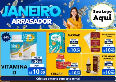 Modelo de Encarte para Encarte A4 Horizontal com o tema Janeiro Arrasador para Farmácia