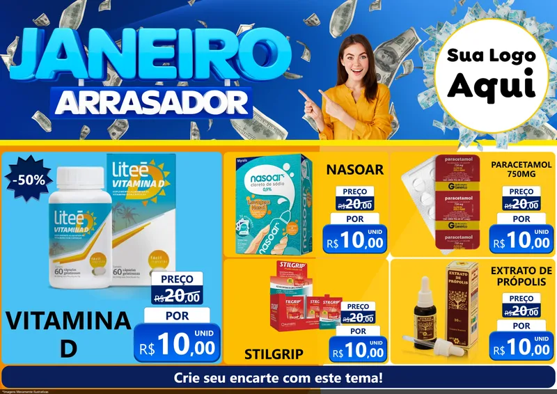 Modelo de Encarte para Encarte A4 Horizontal com o tema Janeiro Arrasador para Farmácia