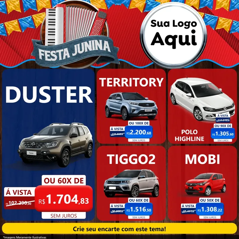 Modelo de Rede Social para Feed Facebook com o tema Festa Junina para Concessionaria de Carros