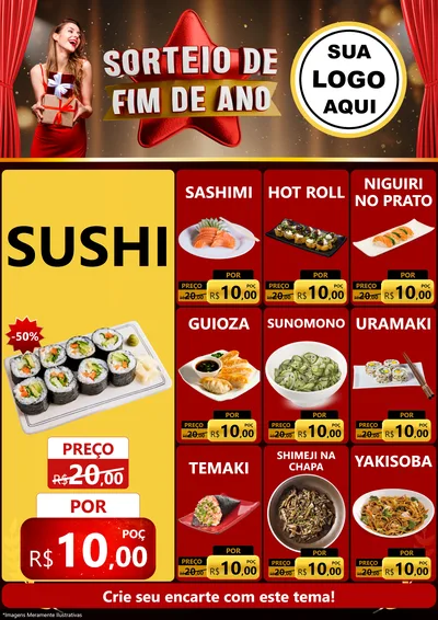 Modelo de Encarte para Encarte A4 Vertical com o tema Sorteio de Fim de Ano para Comida japonesa
