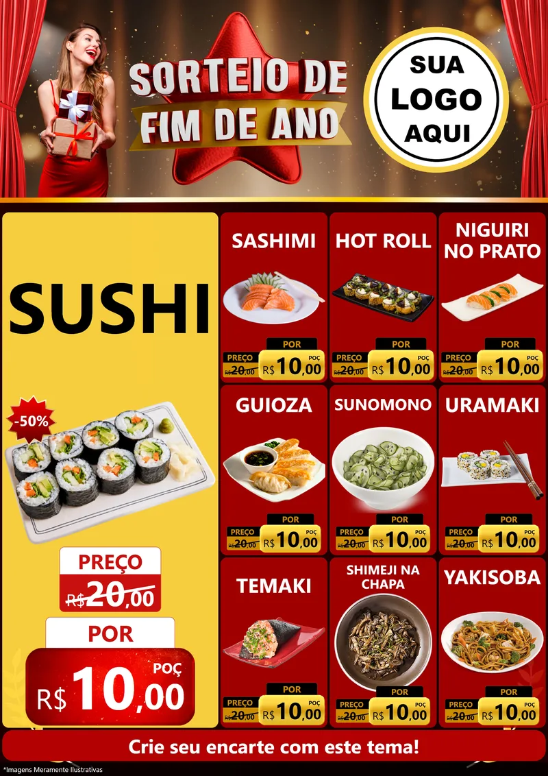 Modelo de Encarte para Encarte A4 Vertical com o tema Sorteio de Fim de Ano para Comida japonesa