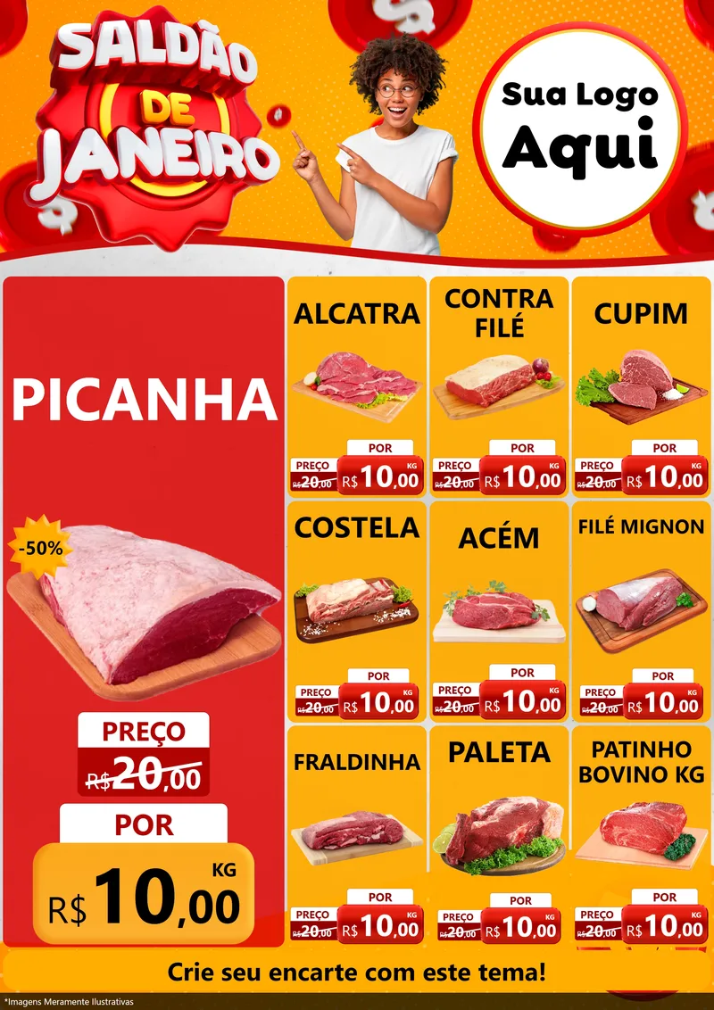 Modelo de Encarte para Encarte A4 Vertical com o tema Saldão de Janeiro para Açougue
