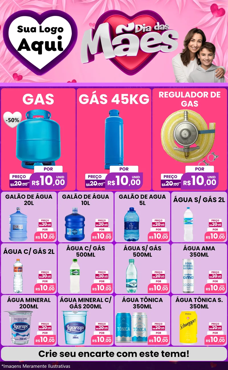 Modelo de Encarte para Encarte Grande com o tema Dia das Mães para Água e gás