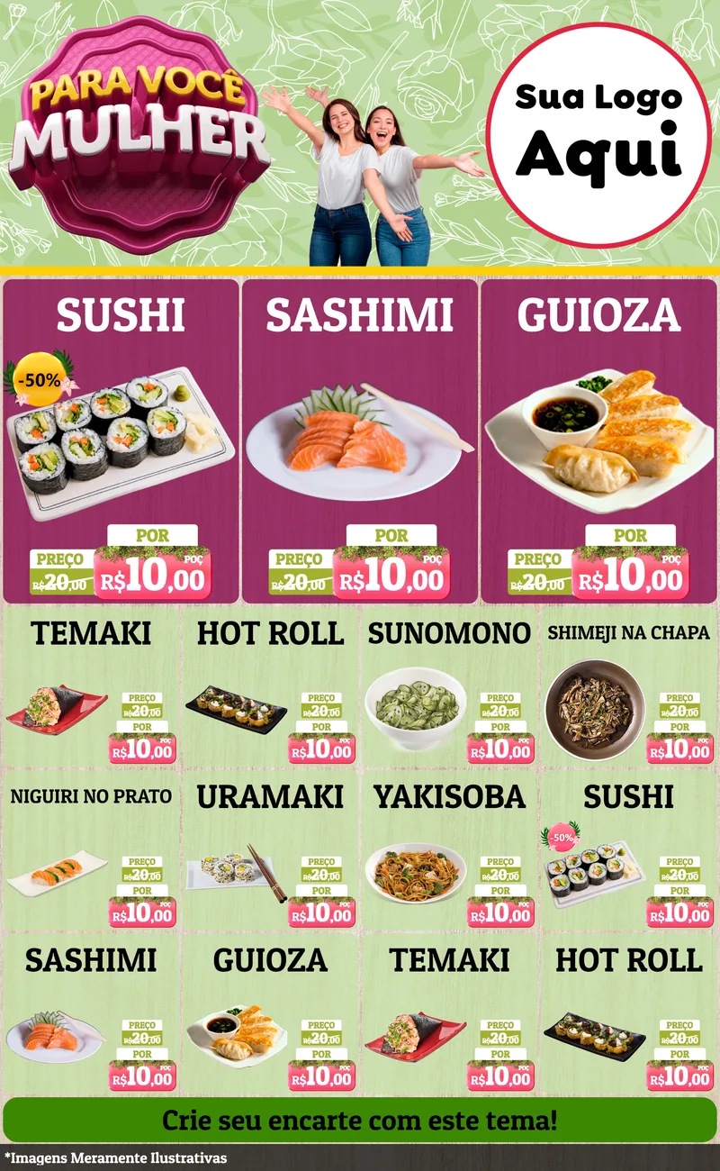 Modelo de Encarte para Encarte Grande com o tema Para Você Mulher para Comida japonesa