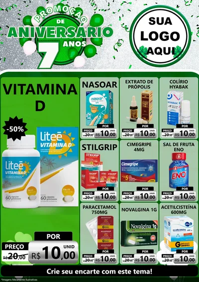 Modelo de Encarte para Encarte A4 Vertical com o tema Promoção de Aniversário - 7 Anos para Farmácia