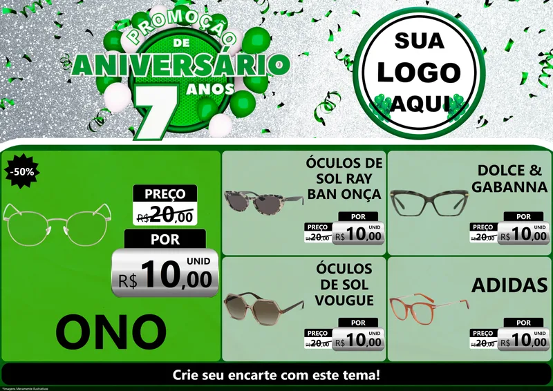 Modelo de Encarte para Encarte A4 Horizontal com o tema Promoção de Aniversário - 7 Anos para Óticas