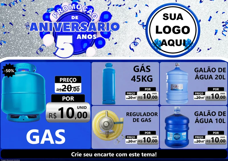 Modelo de Encarte para Encarte A4 Horizontal com o tema Promoção de Aniversário - 5 Anos para Água e gás