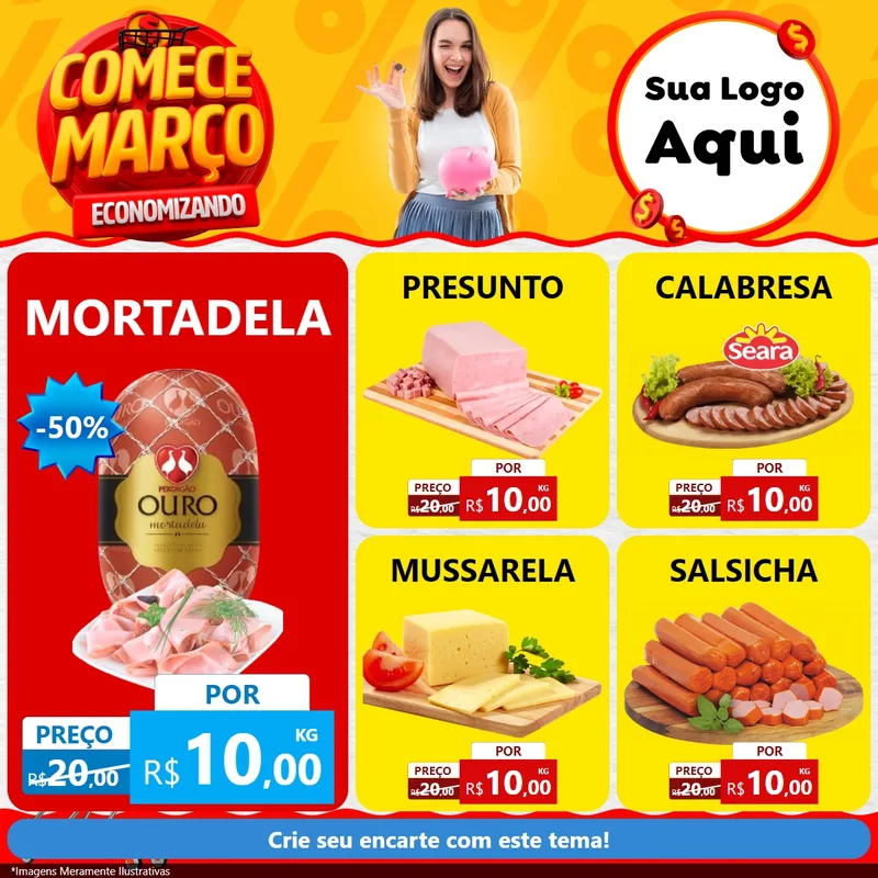 Modelo de Rede Social para Feed Facebook com o tema Comece Março Economizando para Frios e Laticínios