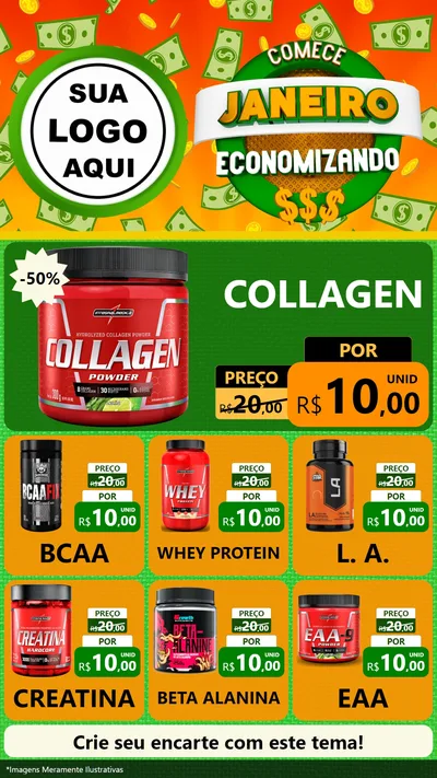 Modelo de Rede Social para Stories com o tema Comece Janeiro Economizando para Suplementos alimentares