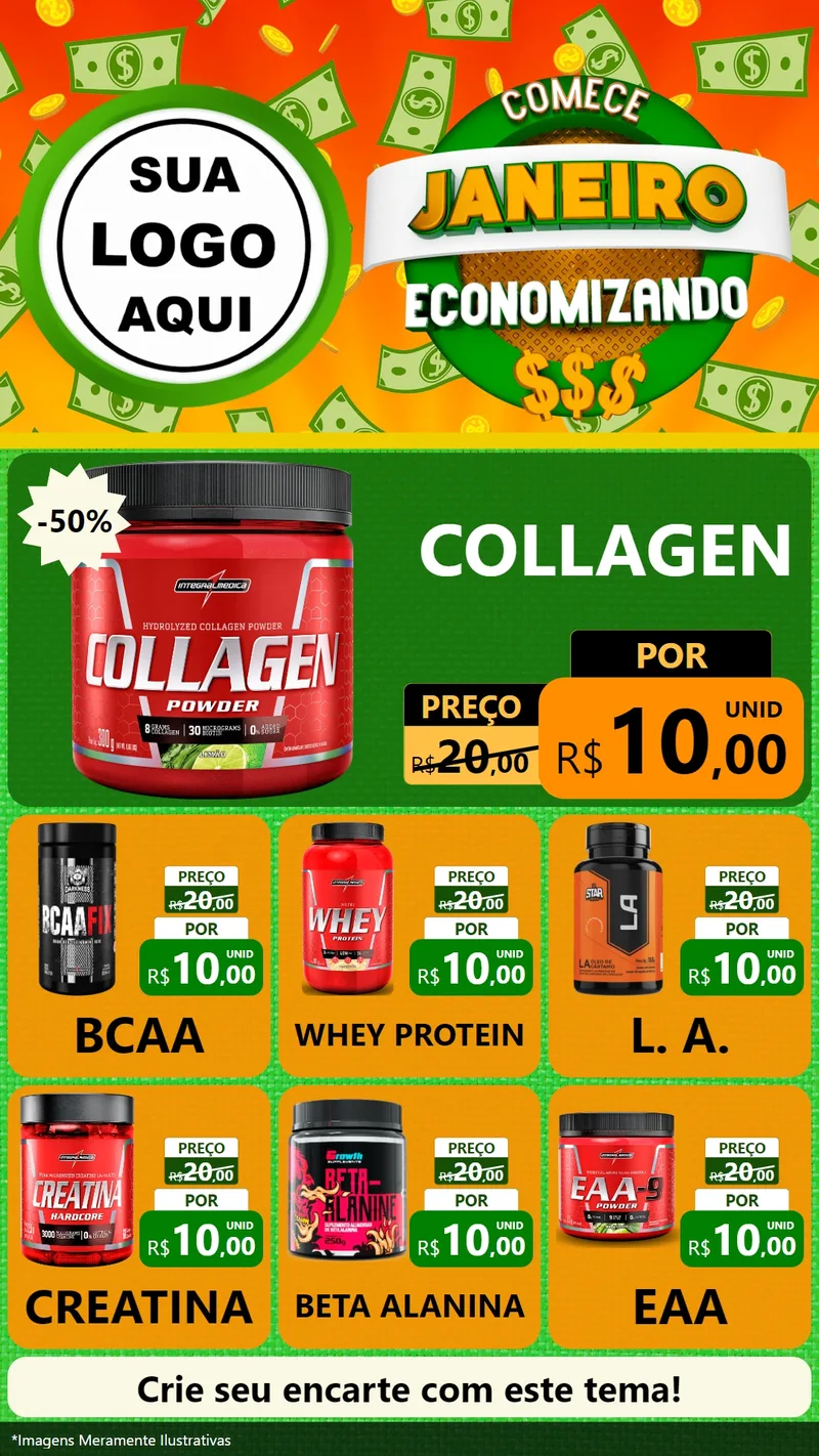 Modelo de Rede Social para Stories com o tema Comece Janeiro Economizando para Suplementos alimentares
