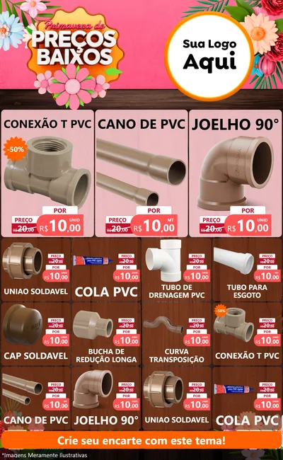 Modelo de Encarte para Encarte Grande com o tema Primavera de Preços Baixos para Tubos e conexões