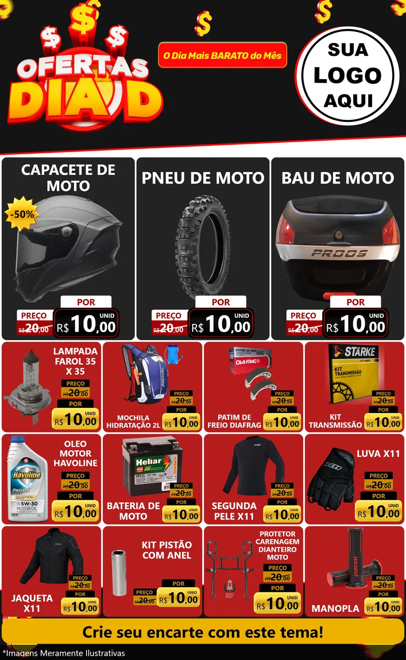 Modelo de Encarte para Encarte Grande com o tema Ofertas Dia D para Moto peças