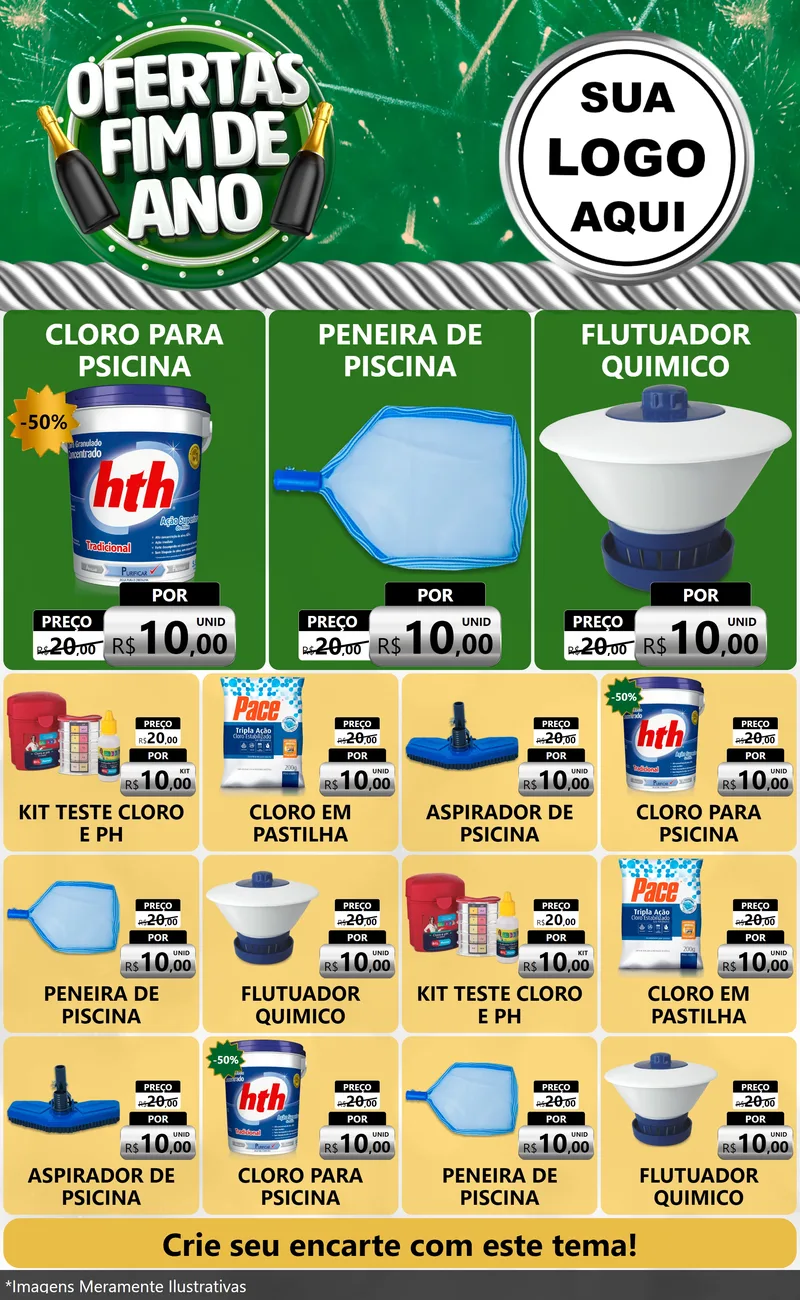 Modelo de Encarte para Encarte Grande com o tema Ofertas Fim de Ano para Produtos para Piscina
