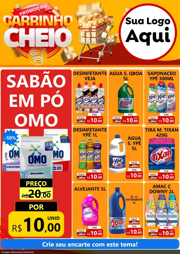 Modelo de Encarte para Encarte A4 Vertical com o tema Promoção carrinho cheio para Produtos de Limpeza