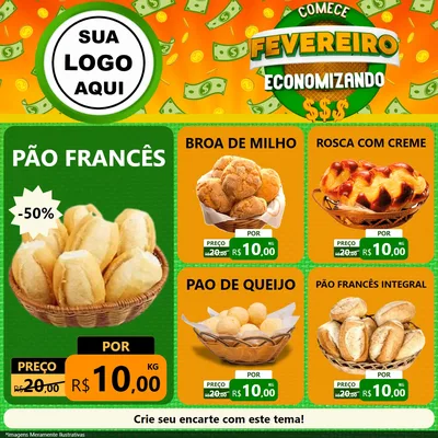 Modelo de Rede Social para Feed Facebook com o tema Comece Fevereiro Economizando para Padaria