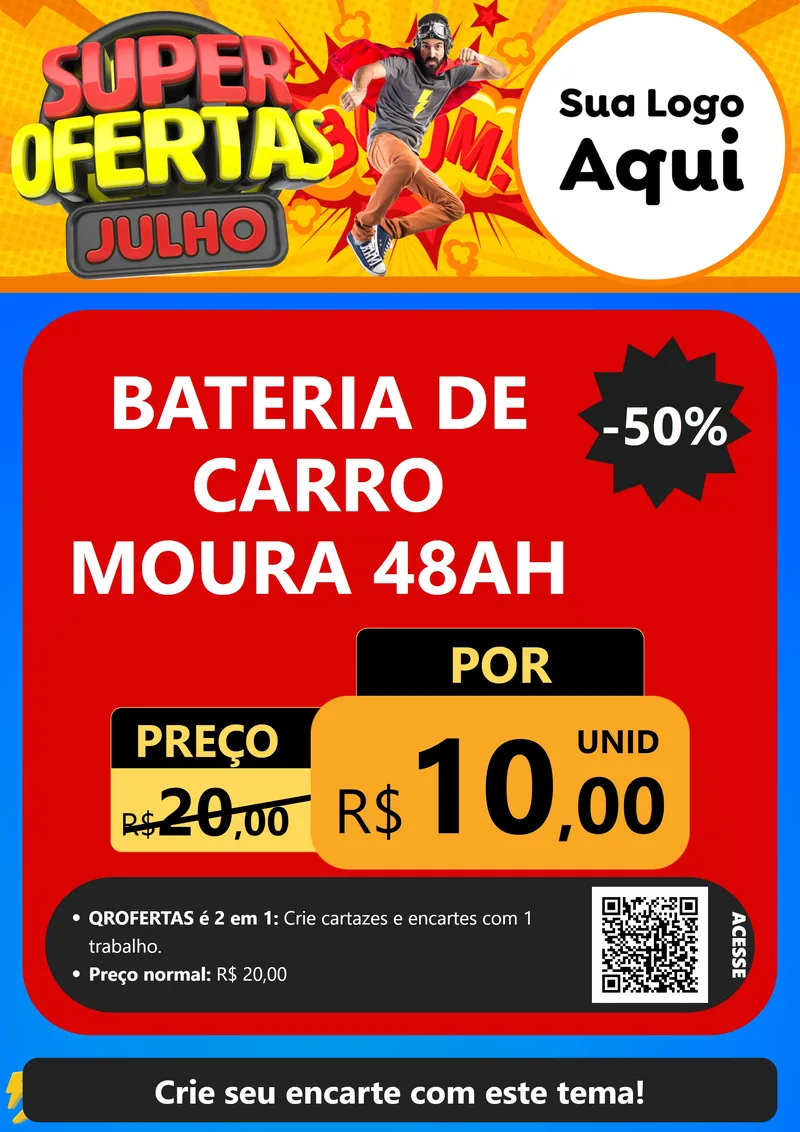 Modelo de Cartaz para Cartaz A4 Vertical com o tema Super Ofertas Julho para Baterias Elétricas