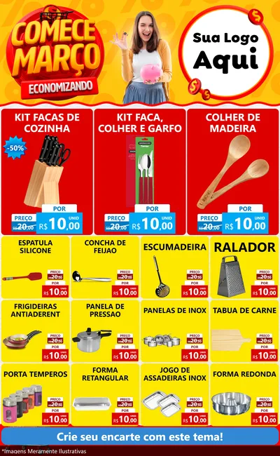 Modelo de Encarte para Encarte Grande com o tema Comece Março Economizando para Utilidades Domésticas