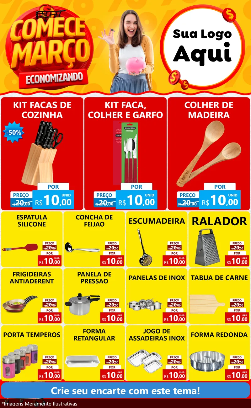 Modelo de Encarte para Encarte Grande com o tema Comece Março Economizando para Utilidades Domésticas