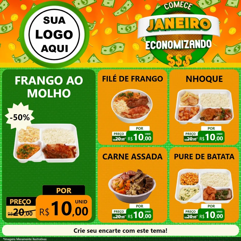 Modelo de Rede Social para Feed Facebook com o tema Comece Janeiro Economizando para Restaurante