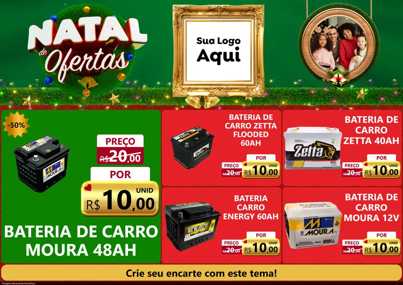 Modelo de Encarte para Encarte A4 Horizontal com o tema Natal de Ofertas para Baterias Elétricas
