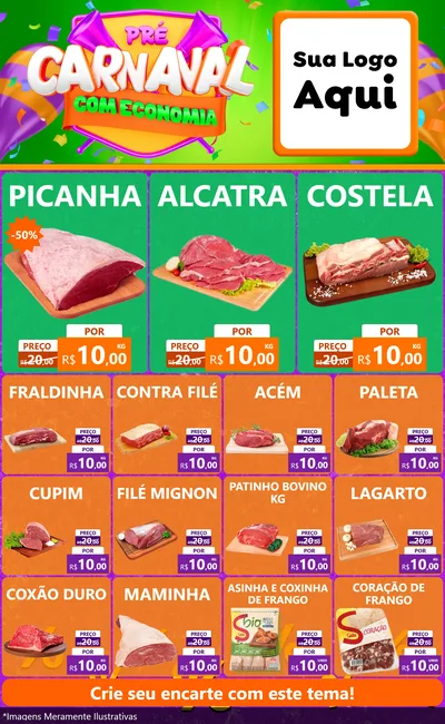 Modelo de Encarte para Encarte Grande com o tema Pré-Carnaval Com Economia para Açougue