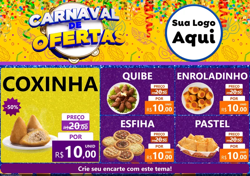 Modelo de Encarte para Encarte A4 Horizontal com o tema Carnaval de Ofertas para Salgadaria