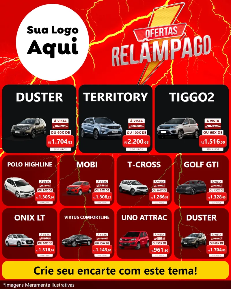 Modelo de Rede Social para Feed Instagram com o tema Ofertas Relâmpago para Concessionaria de Carros