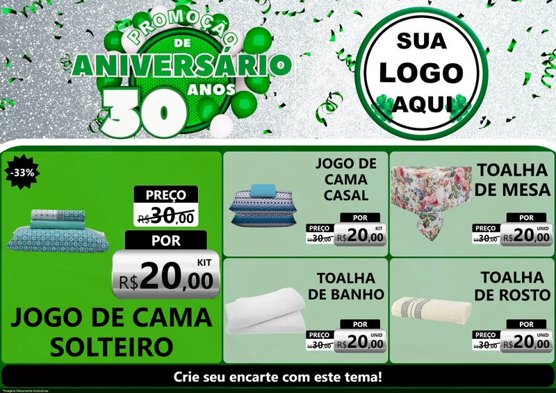 Modelo de Encarte para Encarte A4 Horizontal com o tema Promoção de Aniversário - 30 Anos para Cama, Mesa e Banho