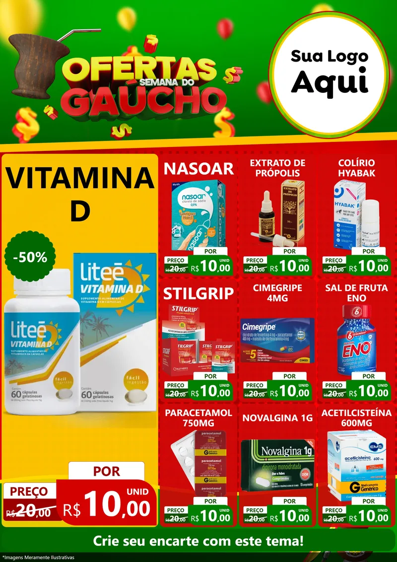 Modelo de Encarte para Encarte A4 Vertical com o tema Ofertas Semana Do Gaúcho para Farmácia