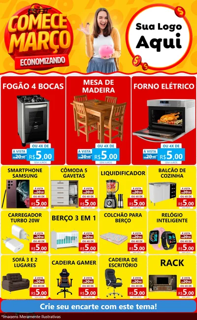 Modelo de Encarte para Encarte Grande com o tema Comece Março Economizando para Móveis e Eletro