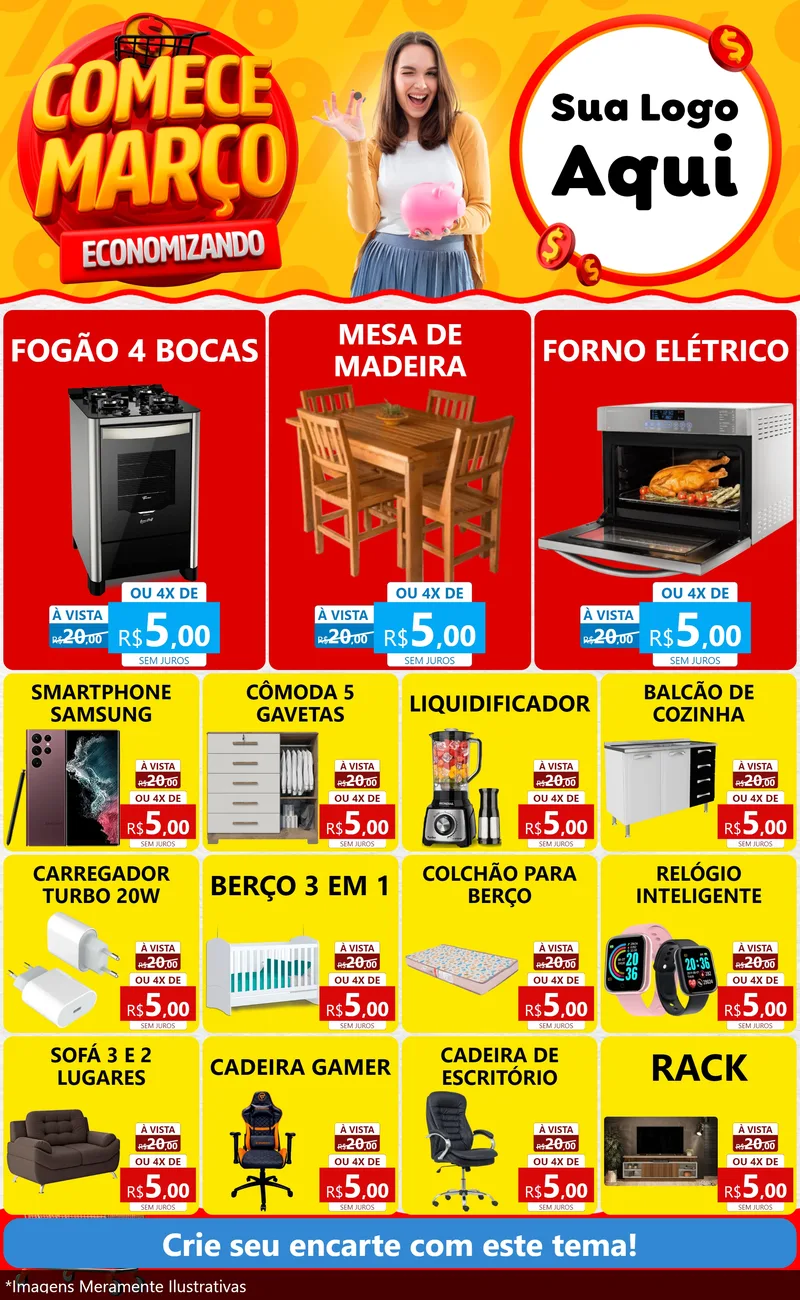 Modelo de Encarte para Encarte Grande com o tema Comece Março Economizando para Móveis e Eletro