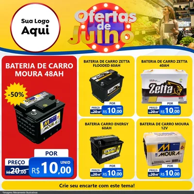Modelo de Rede Social para Feed Facebook com o tema Ofertas de Julho para Baterias Elétricas