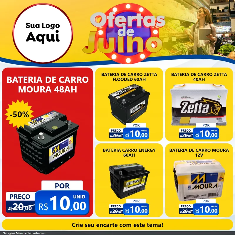 Modelo de Rede Social para Feed Facebook com o tema Ofertas de Julho para Baterias Elétricas