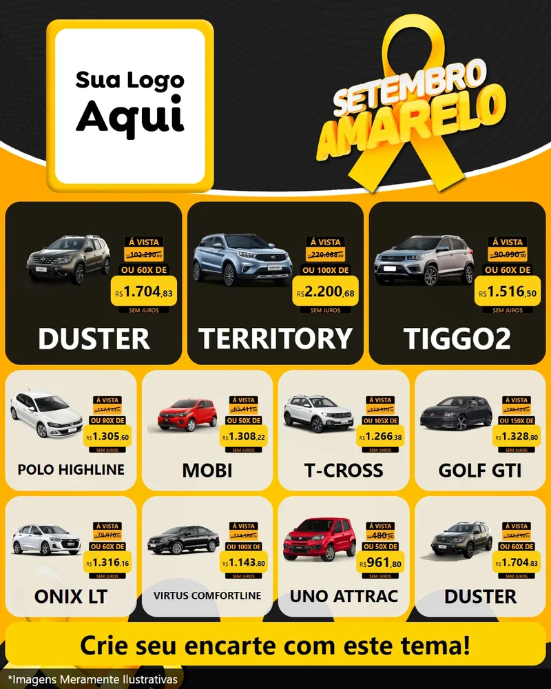 Modelo de Rede Social para Feed Instagram com o tema Setembro Amarelo para Concessionaria de Carros