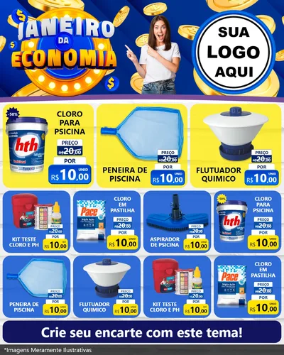 Modelo de Rede Social para Feed Instagram com o tema Janeiro da Economia para Produtos para Piscina