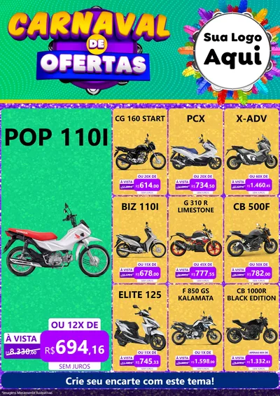 Modelo de Encarte para Encarte A4 Vertical com o tema Carnaval de Ofertas para Concessionaria de Motos