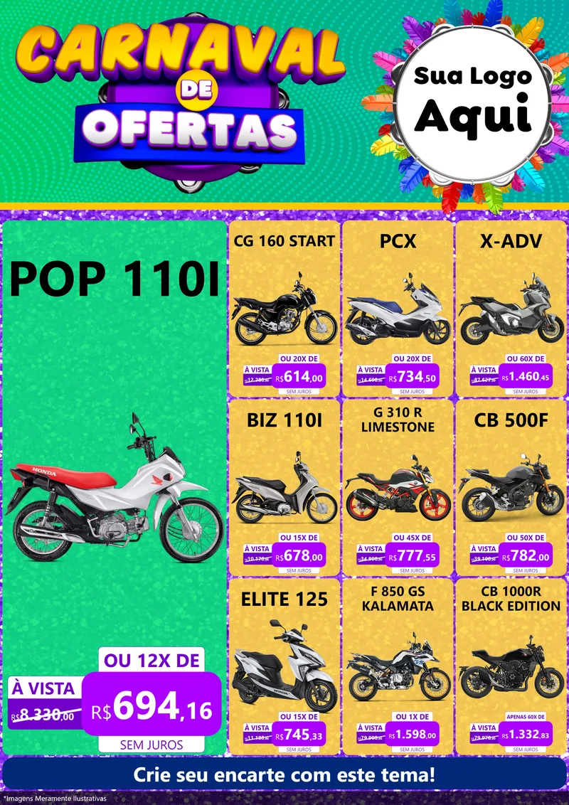 Modelo de Encarte para Encarte A4 Vertical com o tema Carnaval de Ofertas para Concessionaria de Motos