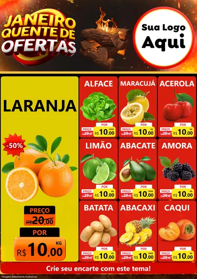 Modelo de Encarte para Encarte A4 Vertical com o tema Janeiro Quente de Ofertas para Hortifrúti