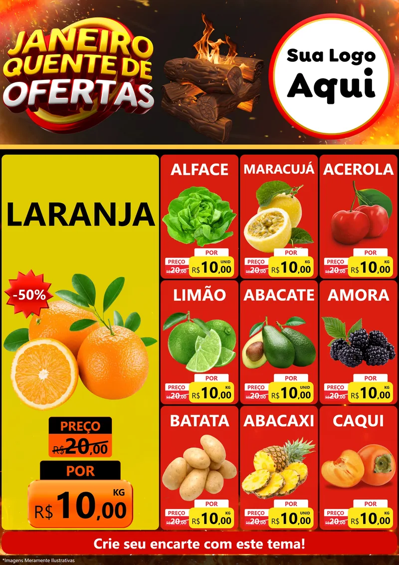 Modelo de Encarte para Encarte A4 Vertical com o tema Janeiro Quente de Ofertas para Hortifrúti