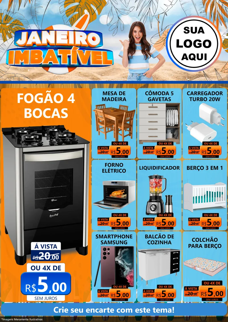 Modelo de Encarte para Encarte A4 Vertical com o tema Janeiro Imbatível para Móveis e Eletro