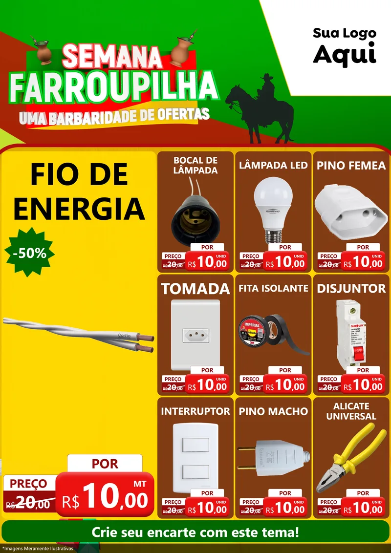 Modelo de Encarte para Encarte A4 Vertical com o tema Semana Farroupilha - Uma Barbaridade de Ofertas para Materiais Elétricos